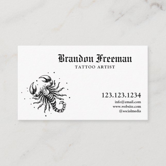 Modern Black and White Scorpion Tattoo Artist  Business Card (Front)