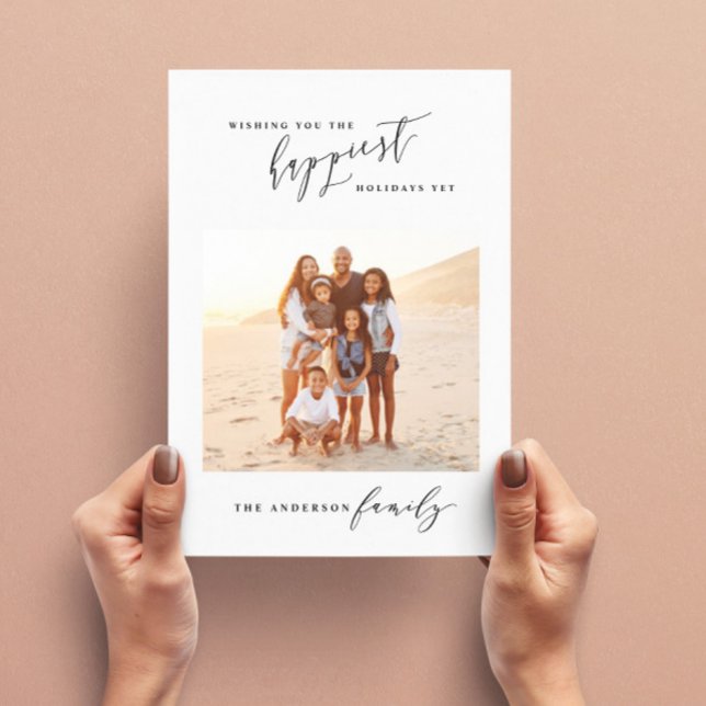 Modern black and white script 1 photo Christmas Holiday Card (Creator Uploaded)