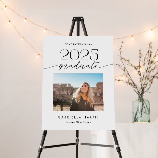 Modern Black and White Script 1 Photo Graduation Foam Board (In Situ (Stand))
