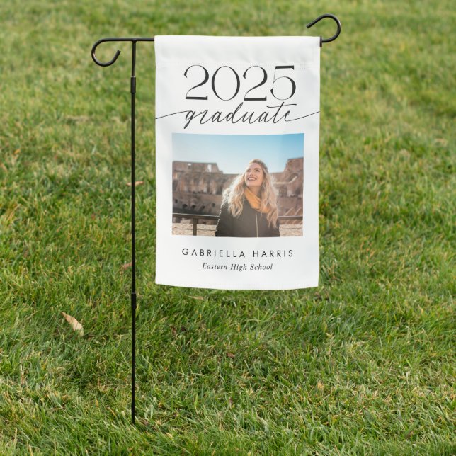 Modern Black and White Script 1 Photo Graduation Garden Flag (In SItu)