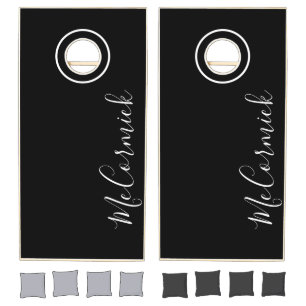 Modern Black And White Script Family Name Cornhole Set