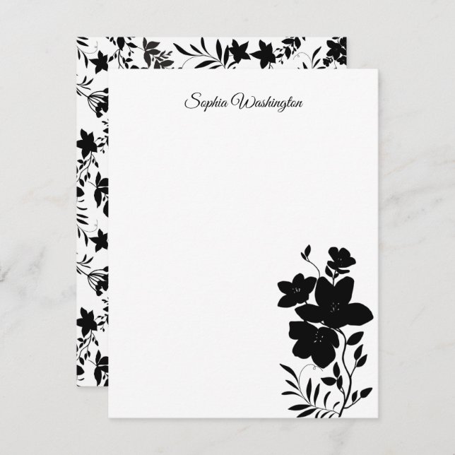 Modern Black and White Script Floral Blank Note Card (Front/Back)