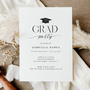Modern Black and White Script Grad Party Invitation