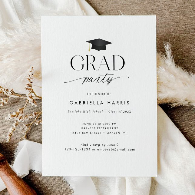 Modern Black and White Script Grad Party Invitation (Modern Black and White Script Grad Party Invitation)
