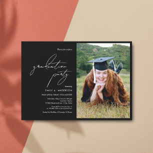 Modern Black and White Script Graduation Photo Invitation