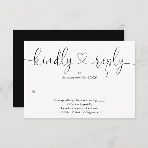 Modern Black And White Script Heart Kindly Reply RSVP Card