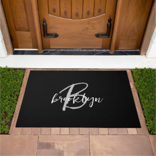 Modern Black and White Script Monogram  Doormat