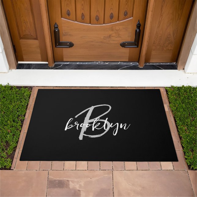 Modern Black and White Script Monogram  Doormat (Outdoor)