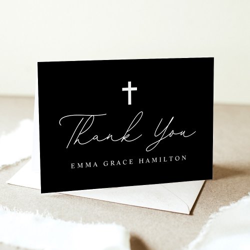 Modern Black and White Script Photo Baptism Thank You Card