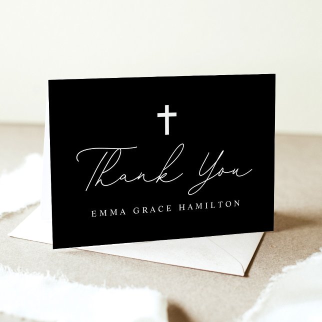 Modern Black and White Script Photo Baptism Thank You Card (Creator Uploaded)