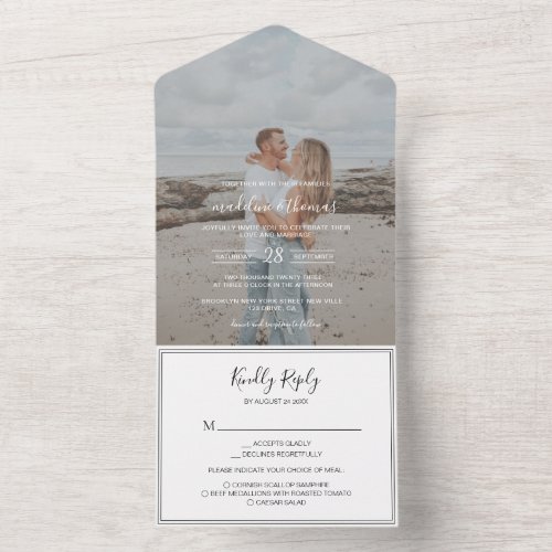 Modern Black and White Script Photo RSVP Wedding All In One Invitation