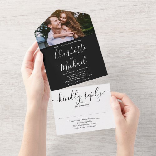 Modern Black And White Script Photo Wedding All In One Invitation