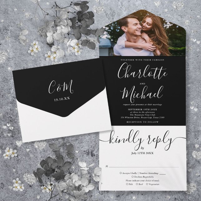 Modern Black And White Script Photo Wedding All In One Invitation (Modern Black And White Script Photo Wedding All In One Invitation)