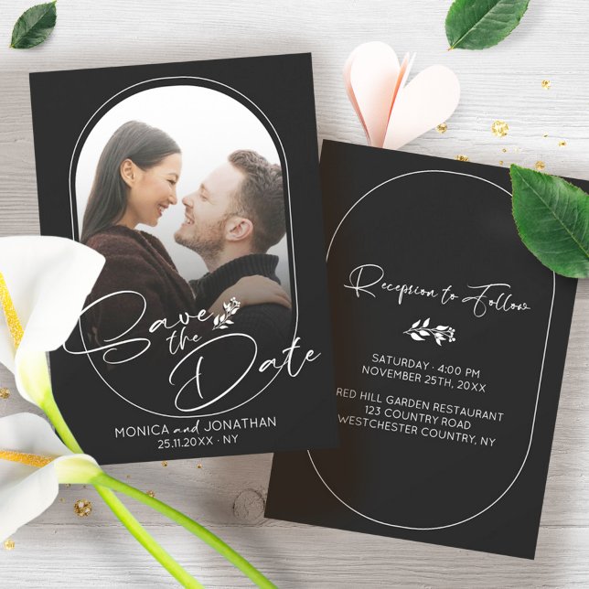 Modern Black and White Script Photo Wedding  Save The Date (Modern Minimalist One Photo Wedding Save The Date Black and White)