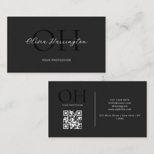 Modern Black and White Script QR Code Monogram Business Card