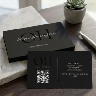 Modern Black and White Script QR Code Monogram Business Card
