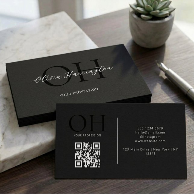 Modern Black and White Script QR Code Monogram Business Card (Creator Uploaded)