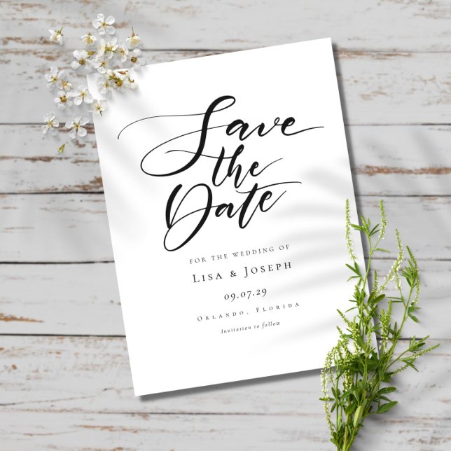 Modern Black and White Script Save the Date Announcement Postcard