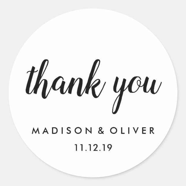 Modern Black And White Script Thank You Wedding Classic Round Sticker (Front)