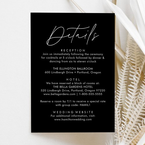 Modern Black and White Script Wedding Details Enclosure Card