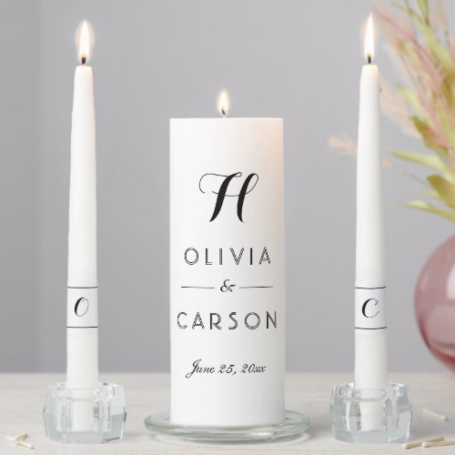 Modern Black and White Script Wedding Monogram Unity Candle Set