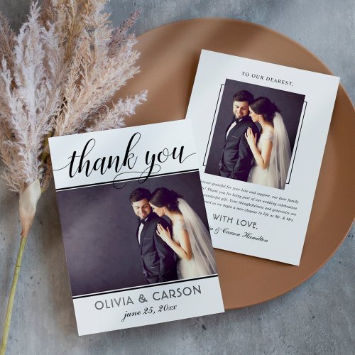 Modern Black and White Script Wedding Photo Thank You Card