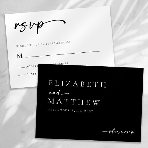 Modern Black And White Script Wedding RSVP Card