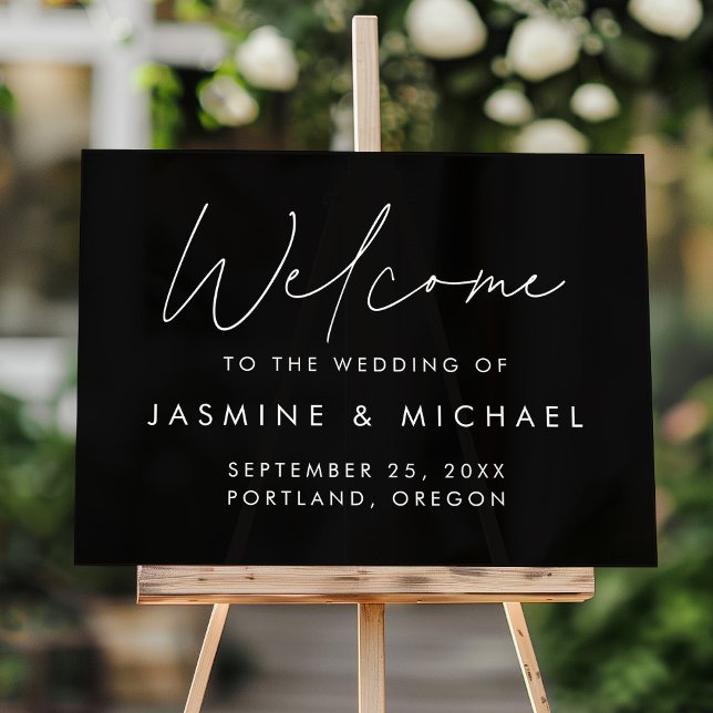 Modern Black and White Script Wedding Welcome Acrylic Sign (Creator Uploaded)