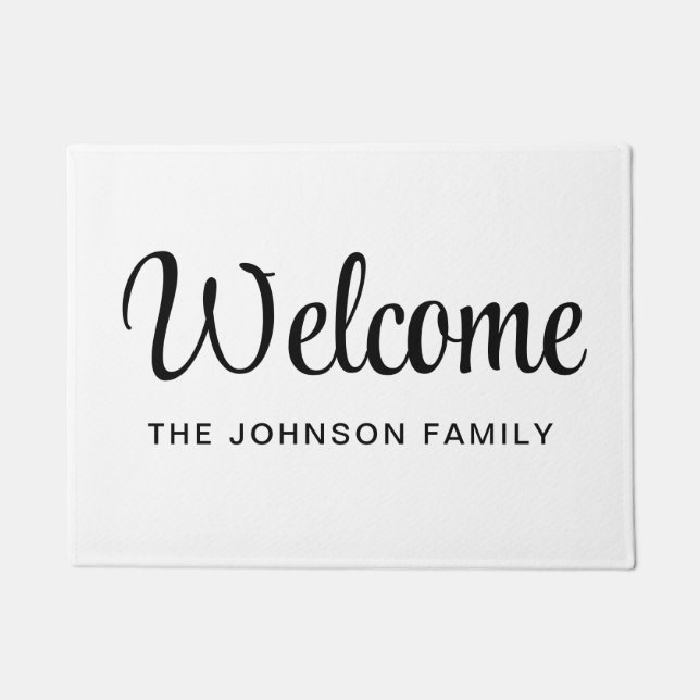 Modern Black And White Script Welcome Doormat (Front)