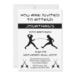 Modern Black and White Silhouette Fencing Party  Invitation