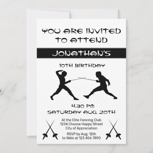 Modern Black and White Silhouette Fencing Party  Invitation