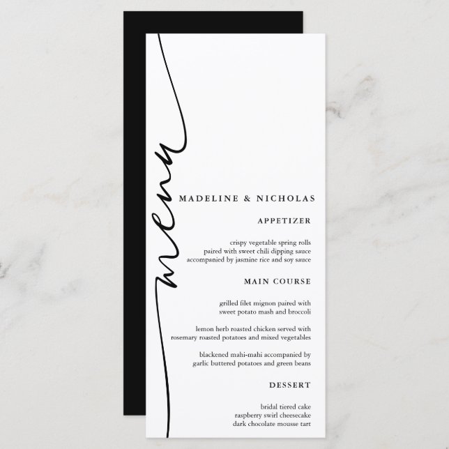 Modern Black And White Simple Calligraphy Wedding Menu (Front/Back)