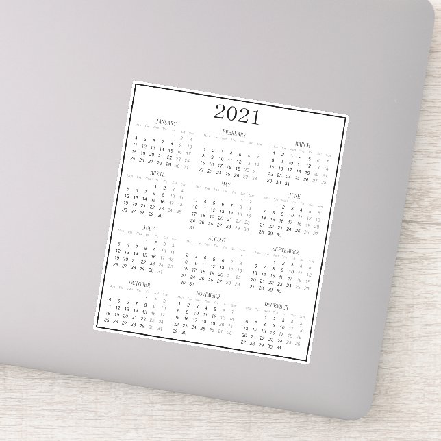 Modern Black and White Small Mini 2021 Calendar Sticker (Detail)