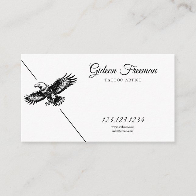 Modern Black and White Soaring Eagle Tattoo Artist Business Card (Front)