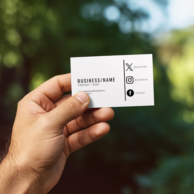 Modern black and white social media business card (Minimalist business card with bold text and social media icons.)