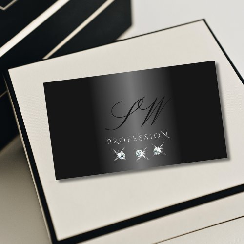 Modern Black and White Sparkling Diamonds Initials Business Card