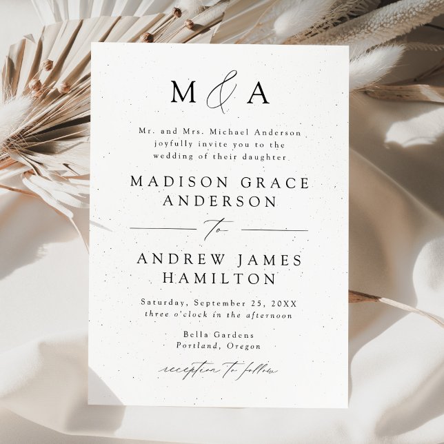 Modern Black and White Speckled Monogram Wedding Invitation (Creator Uploaded)