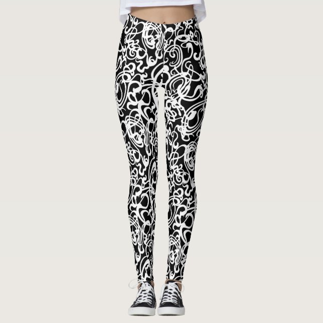Modern Black and White Squiggles Leggings (Front)