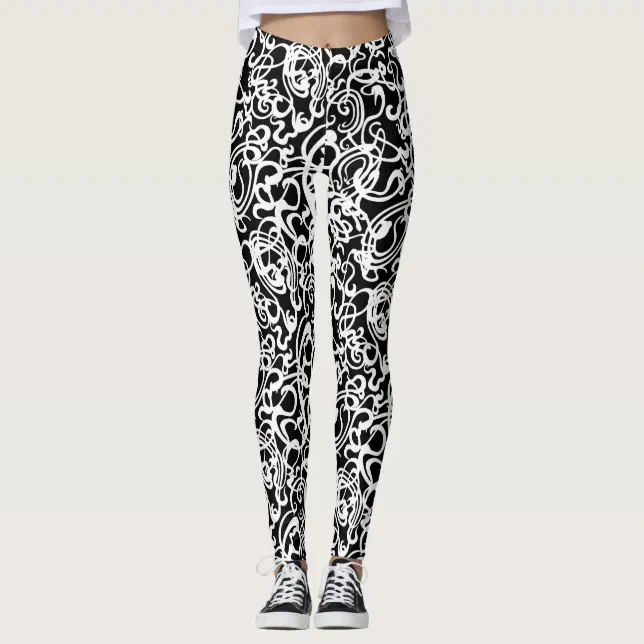 Modern Black and White Squiggles Leggings | Zazzle