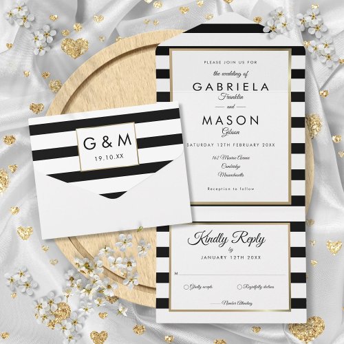 Modern Black And White Stripe Gold Wedding All In One Invitation