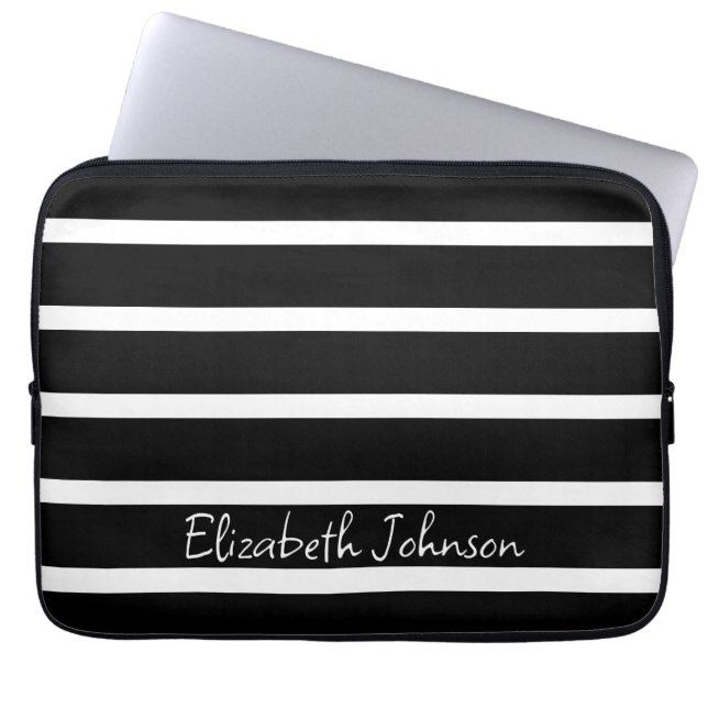 Modern Black and White Stripe Personalized Laptop Sleeve (Front)