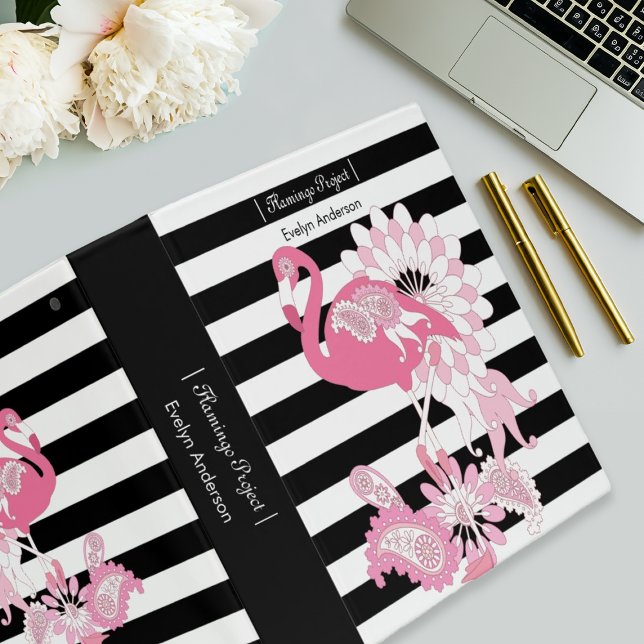 Modern Black and White Stripe Pink Flamingo 3 Ring Binder (Creator Uploaded)