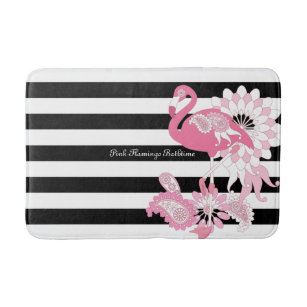 Modern Black and White Stripe Pink Flamingo Bath Mat