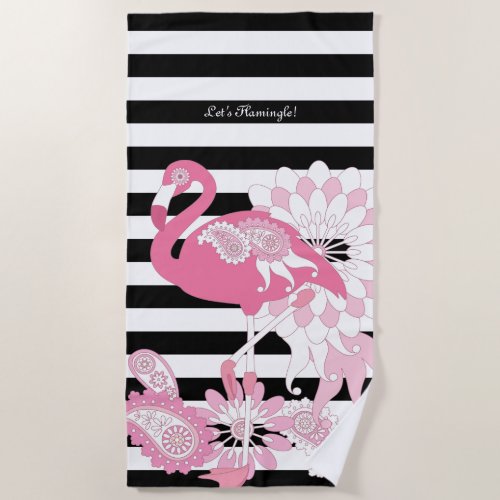 Modern Black and White Stripe Pink Flamingo Beach Towel