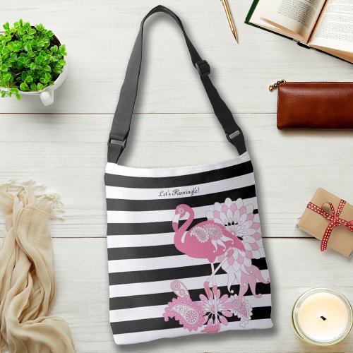 Modern Black and White Stripe Pink Flamingo Crossbody Bag