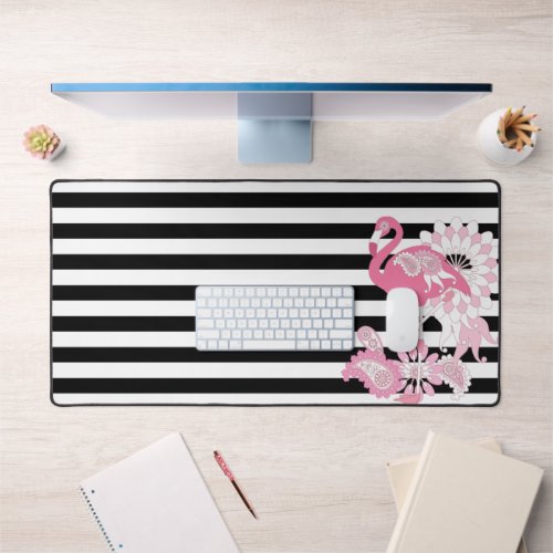 Modern Black and White Stripe Pink Flamingo Desk Mat
