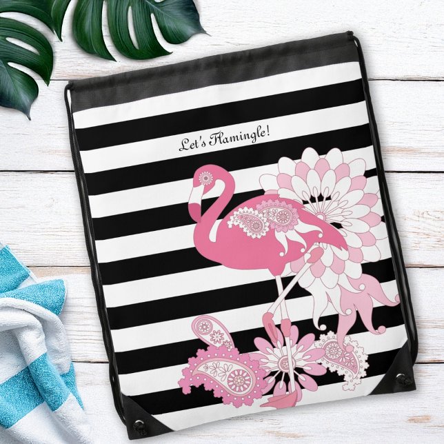 Modern Black and White Stripe Pink Flamingo Drawstring Bag (Creator Uploaded)