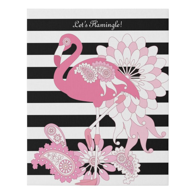 Modern Black and White Stripe Pink Flamingo Faux Canvas Print (Front)