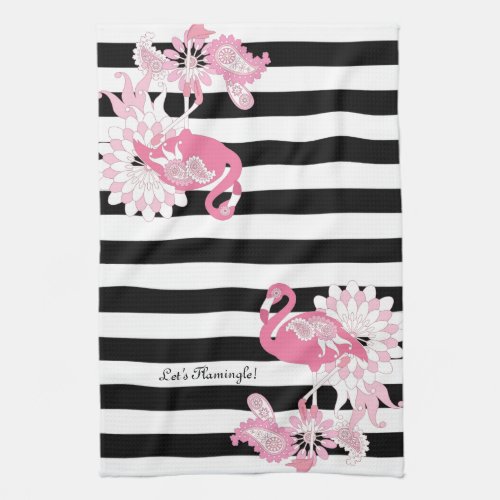 Modern Black and White Stripe Pink Flamingo Kitchen Towel