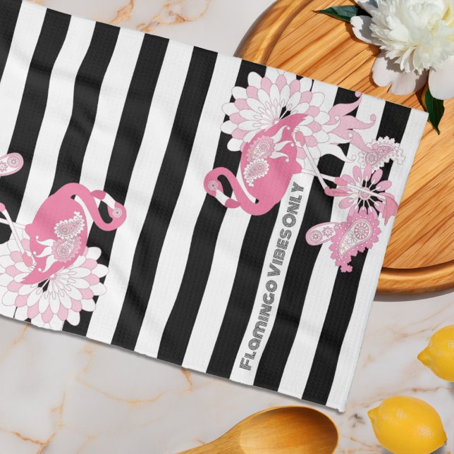 Modern Black and White Stripe Pink Flamingo Kitchen Towel (Creator Uploaded)